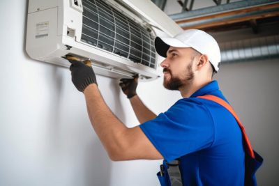 360_F_621046421_Vcay4nYa8ozdeodOQVDfES6MRrC6N3b8 Air conditioning technician servicing a wall-mounted AC unit in Peoria, AZ